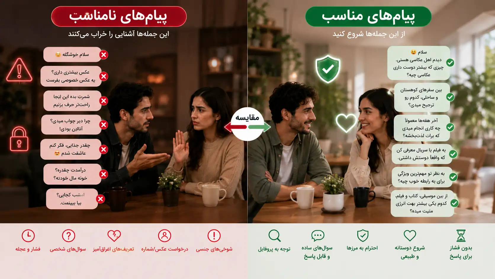 مقایسه پیام نامناسب و مناسب در شروع آشنایی آنلاین